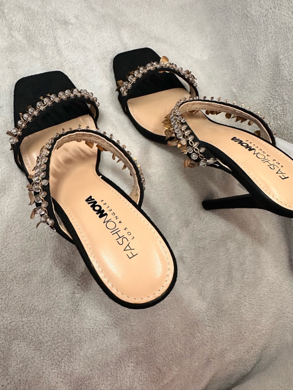 Fashion Nova Black Jeweled Double-Strap Heels